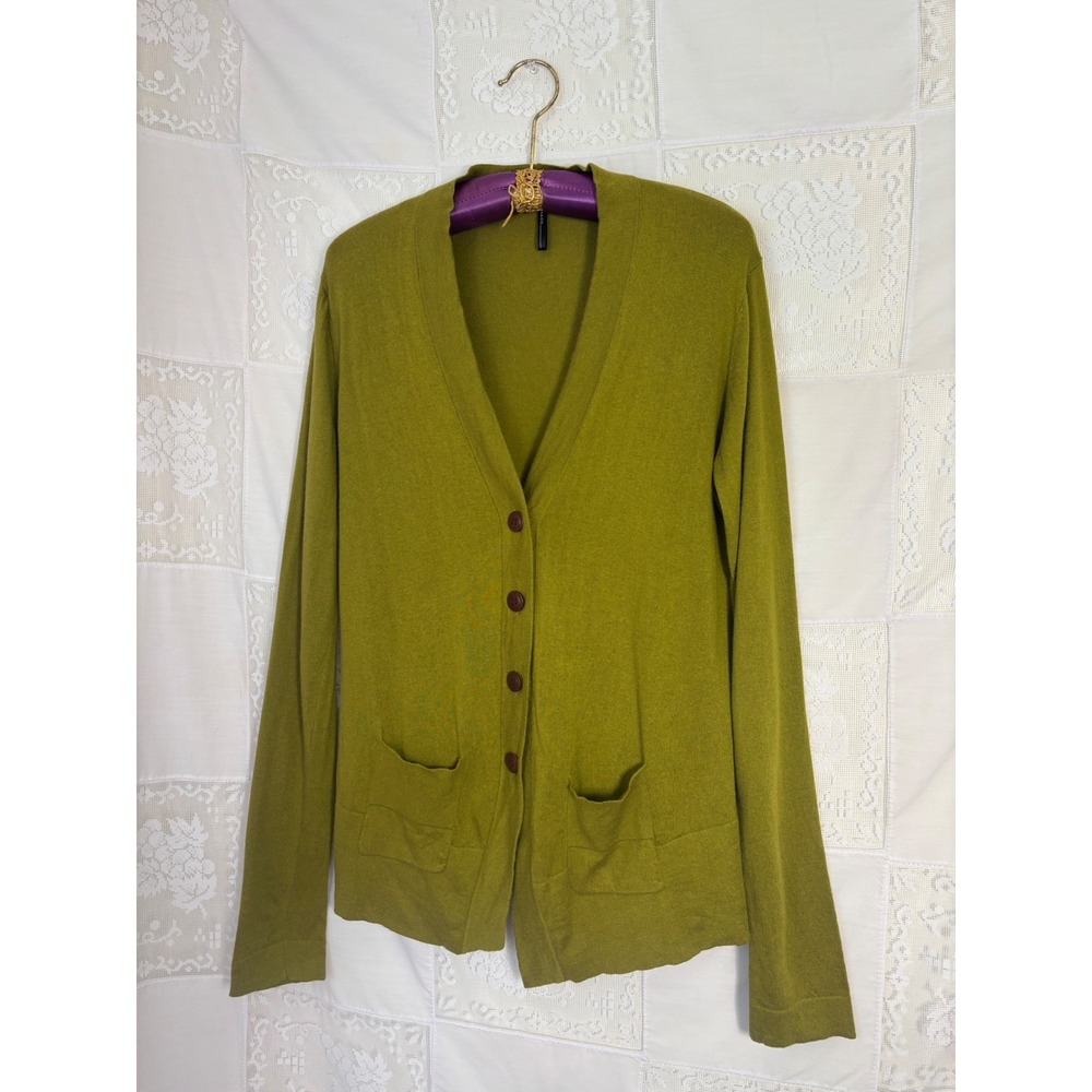 Silk Cashmere Blend Chartreuse Green‎ Boho Chic Button Front Cardigan Size L - Picture 9 of 14